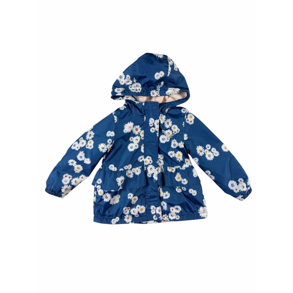 OshKosh B’gosh Girls Blue Daisy Fleece Lined Jacket Hooded Ruffle Rain Coat 3T